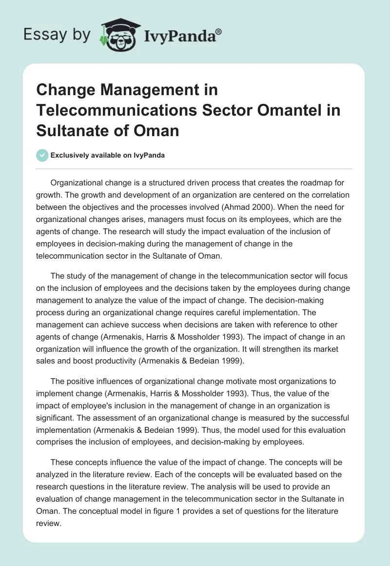 Change Management in Telecommunications Sector Omantel in Sultanate of Oman. Page 1