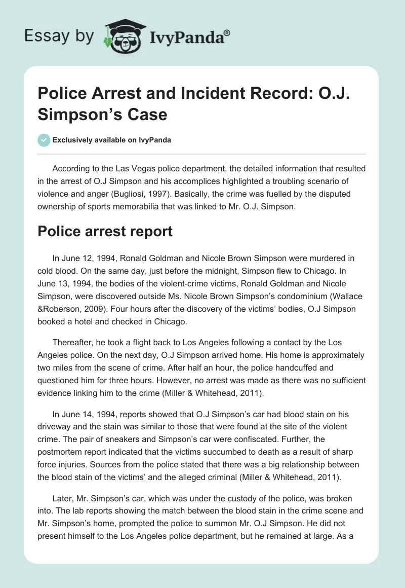 Police Arrest and Incident Record: O.J. Simpson’s Case. Page 1