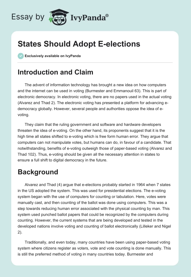 States Should Adopt E-elections. Page 1