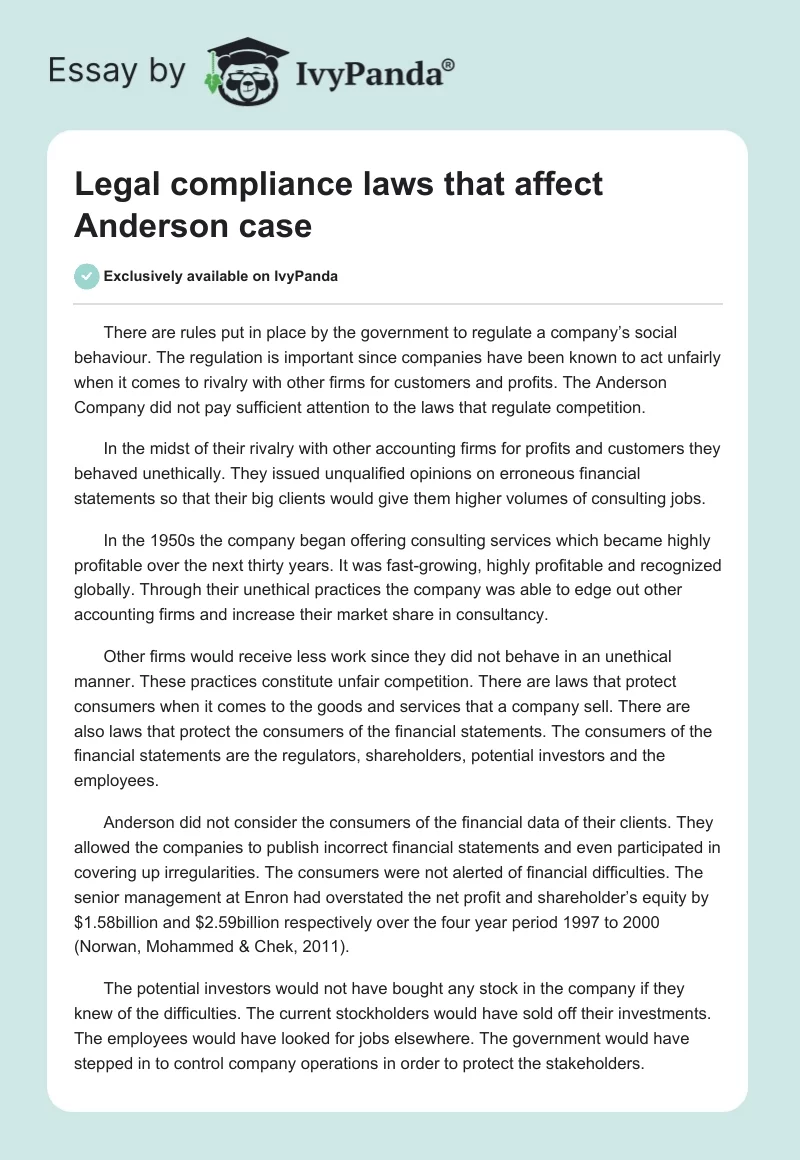 Legal compliance laws that affect Anderson case. Page 1