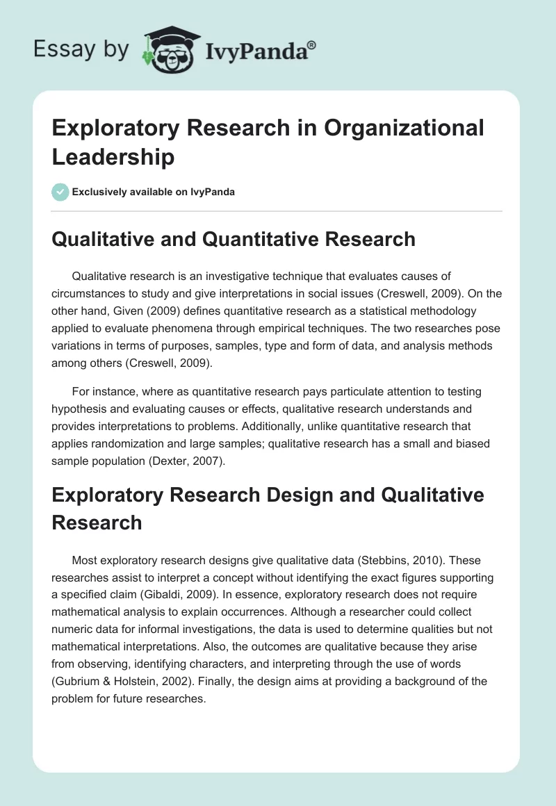 Exploratory Research in Organizational Leadership. Page 1