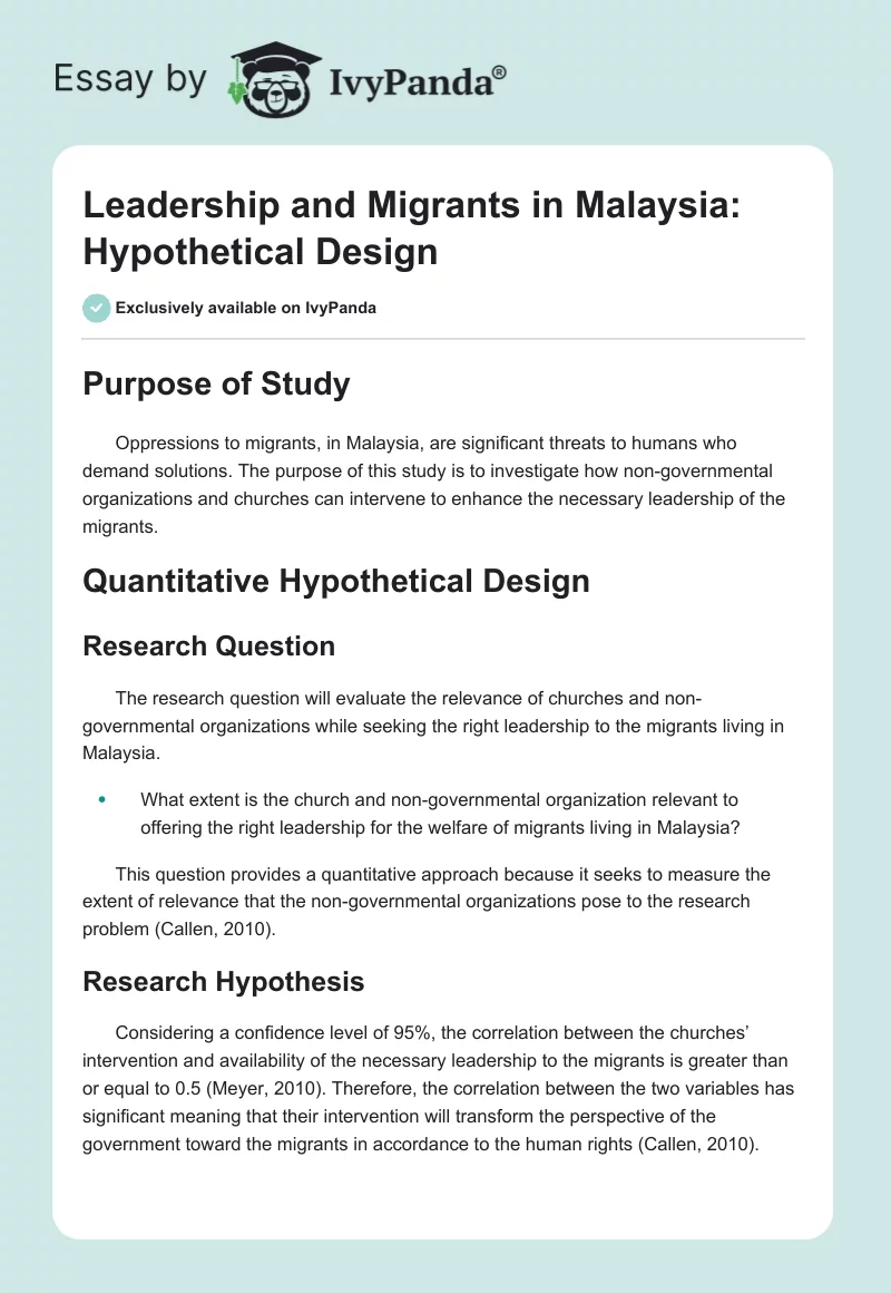 Leadership and Migrants in Malaysia: Hypothetical Design. Page 1