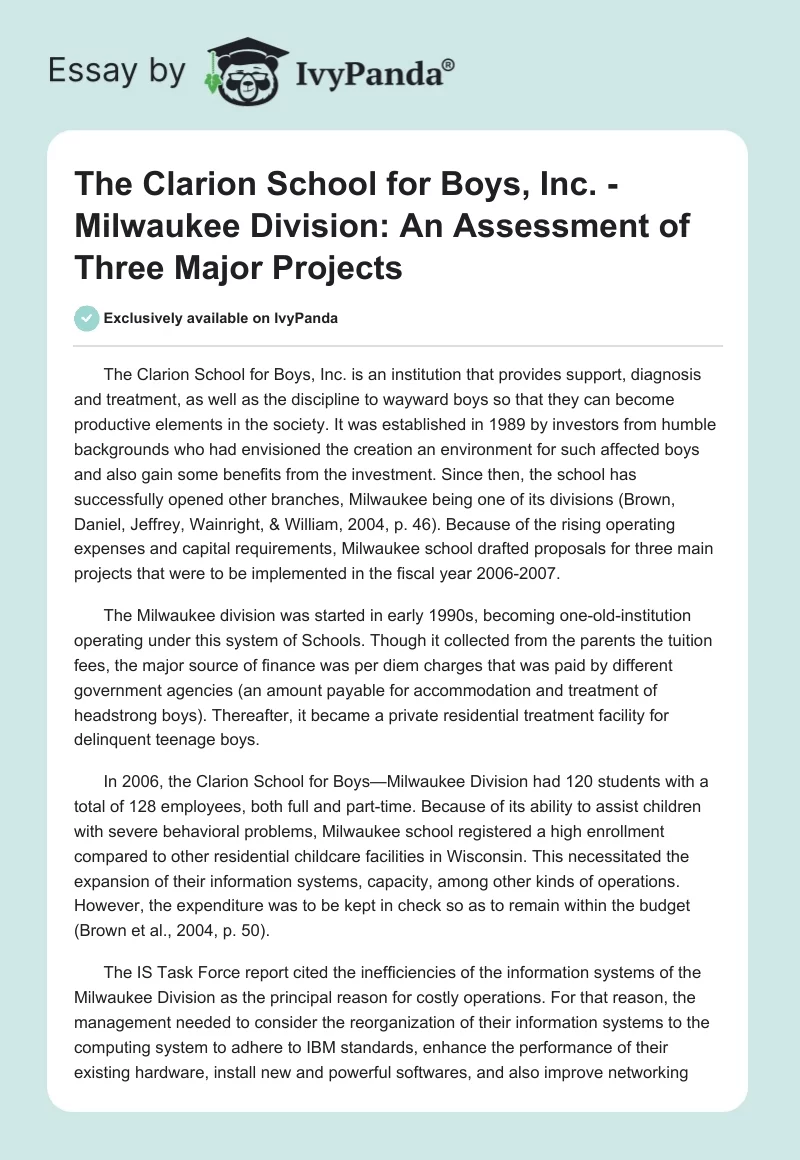 The Clarion School for Boys, Inc. - Milwaukee Division: An Assessment of Three Major Projects. Page 1