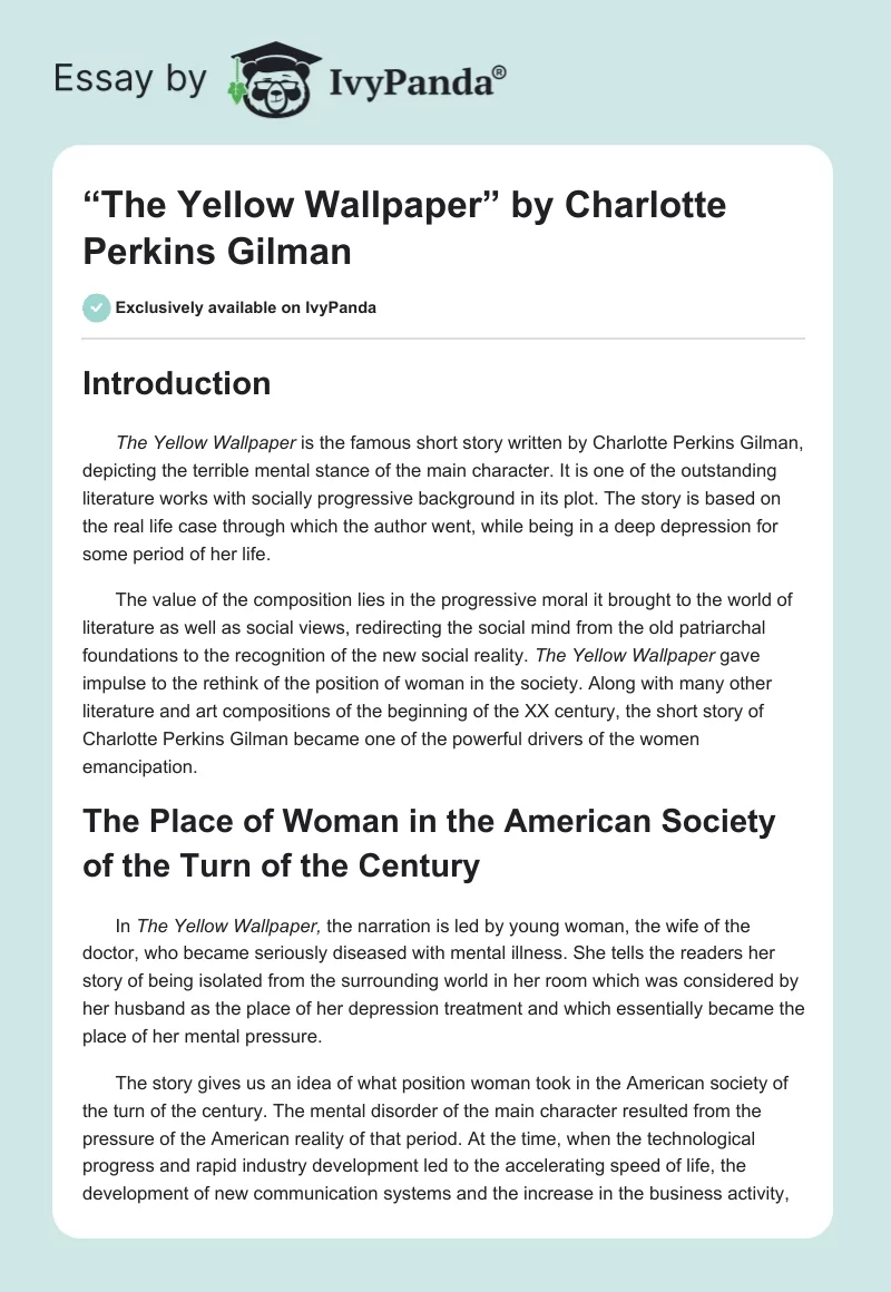 “The Yellow Wallpaper” by Charlotte Perkins Gilman. Page 1