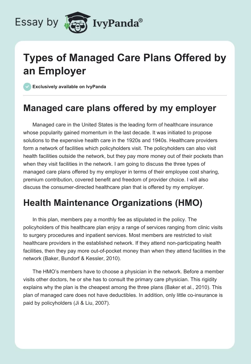 Types of Managed Care Plans Offered by an Employer. Page 1