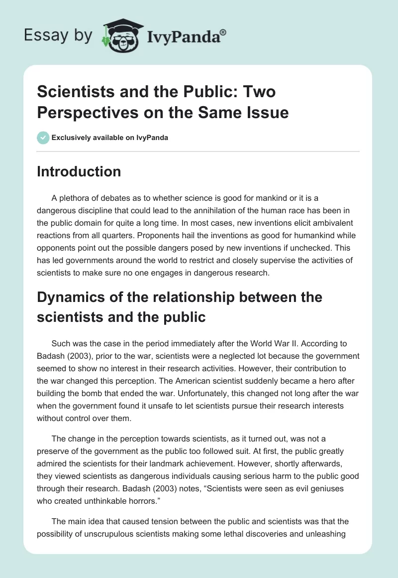 Scientists and the Public: Two Perspectives on the Same Issue. Page 1