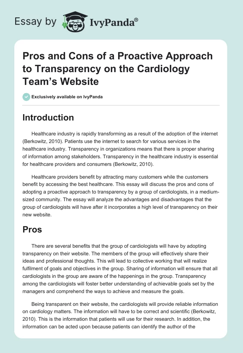 Pros and Cons of a Proactive Approach to Transparency on the Cardiology Team’s Website. Page 1