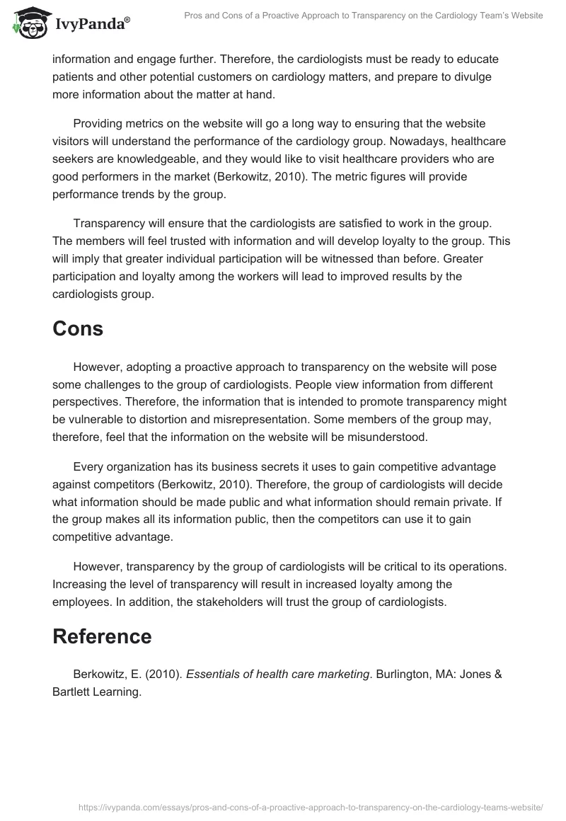 Pros and Cons of a Proactive Approach to Transparency on the Cardiology Team’s Website. Page 2