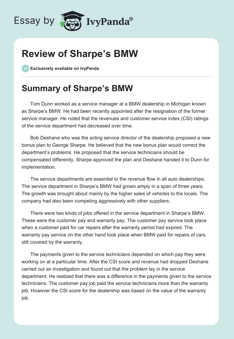 Review of Sharpe’s BMW. Page 1