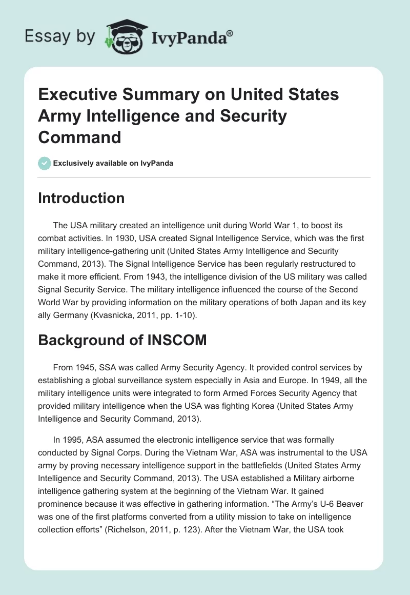 Executive Summary on United States Army Intelligence and Security Command. Page 1