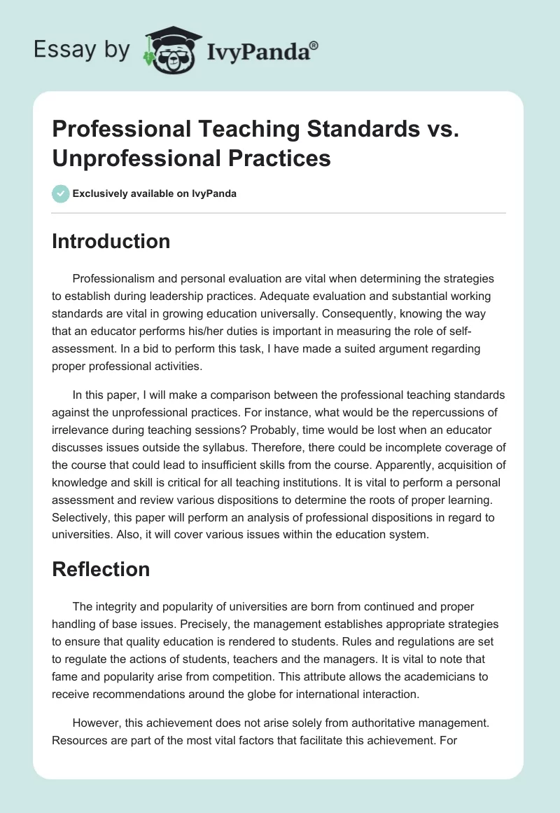 Professional Teaching Standards vs. Unprofessional Practices. Page 1