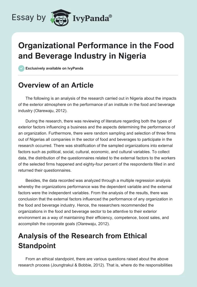 Organizational Performance in the Food and Beverage Industry in Nigeria. Page 1