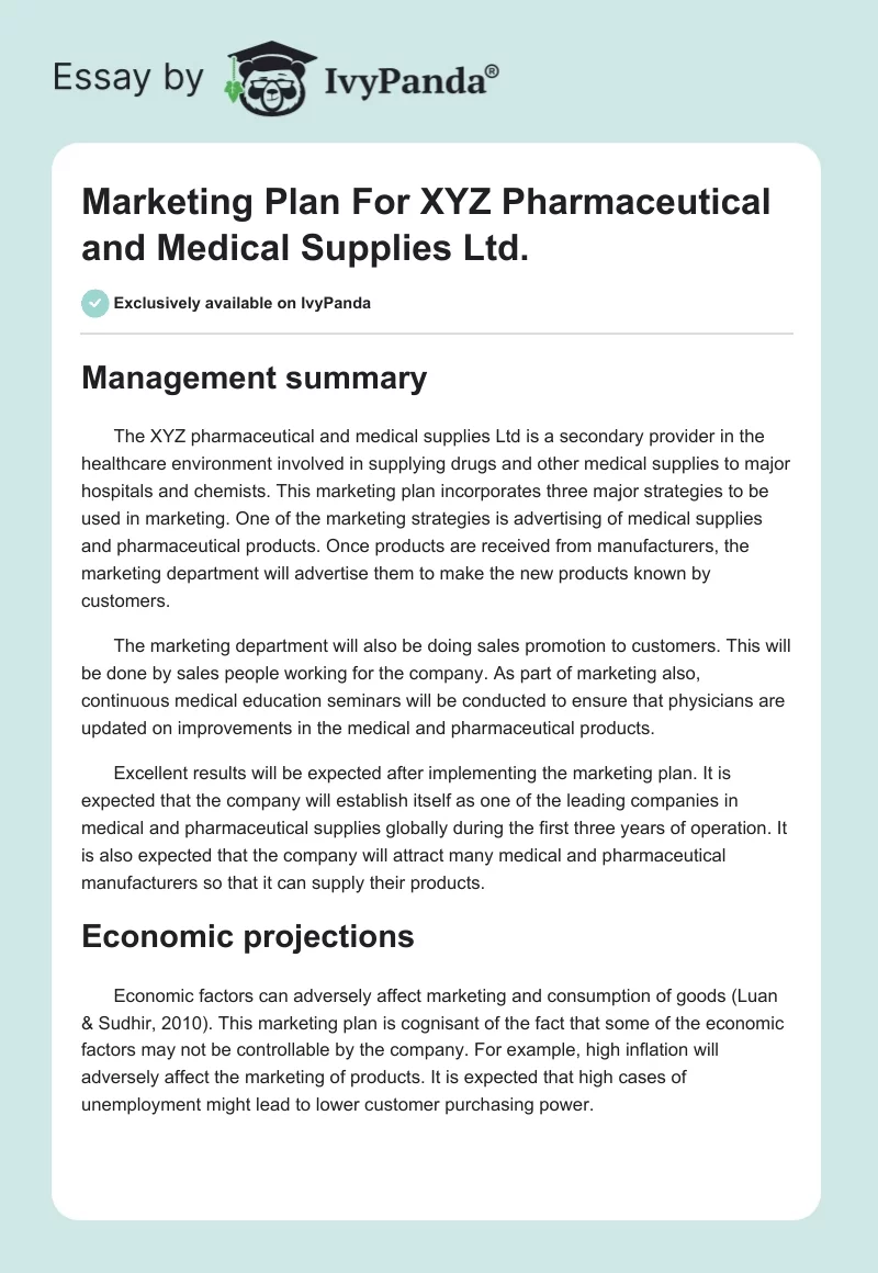 Marketing Plan For XYZ Pharmaceutical and Medical Supplies Ltd.. Page 1