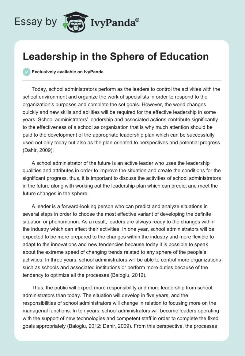 Leadership in the Sphere of Education. Page 1