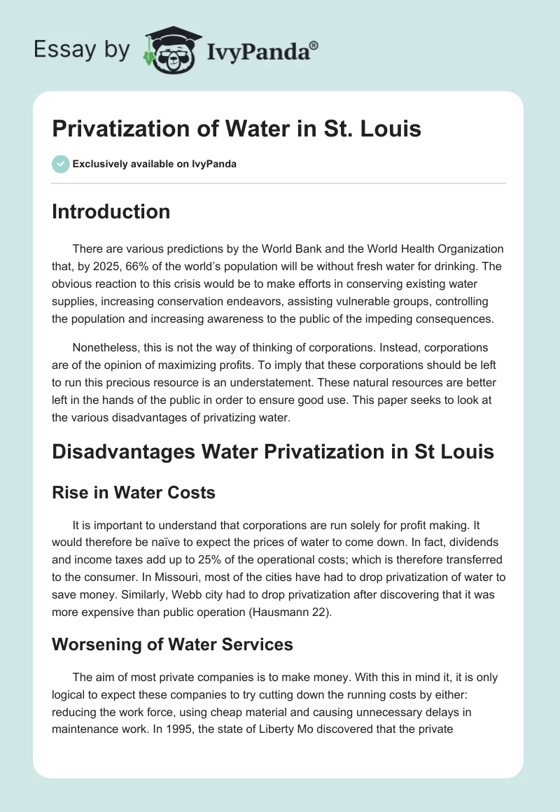 Privatization of Water in St. Louis. Page 1