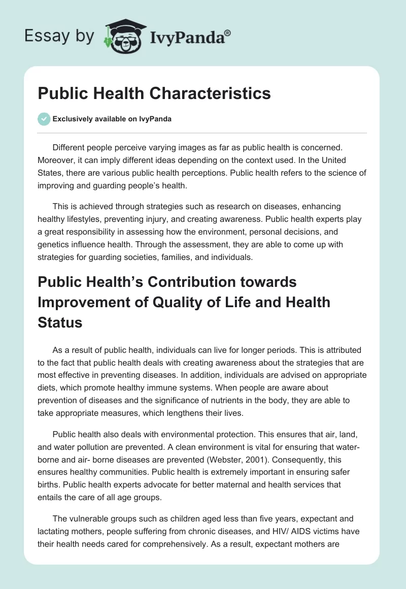 Public Health Characteristics. Page 1