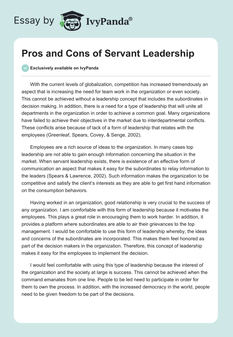 Pros and Cons of Servant Leadership. Page 1