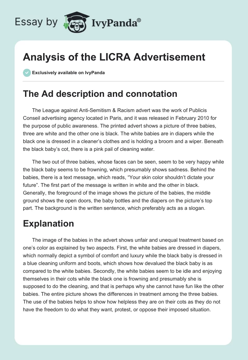 Analysis of the LICRA Advertisement. Page 1