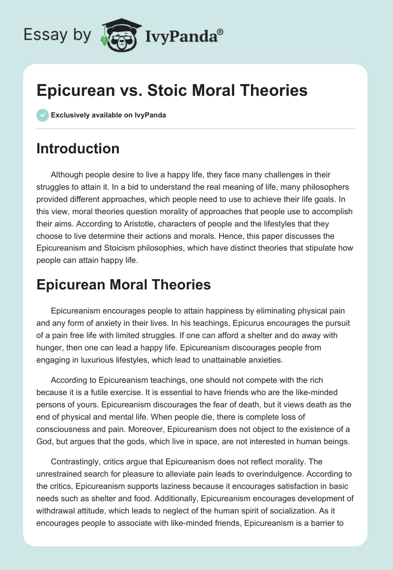 Epicurean vs. Stoic Moral Theories. Page 1