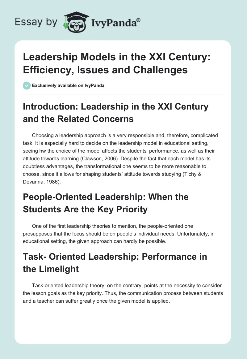 Leadership Models in the XXI Century: Efficiency, Issues and Challenges. Page 1