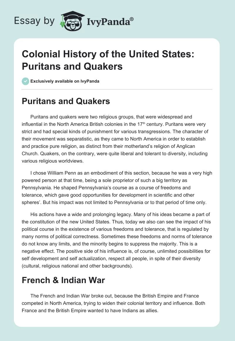 Colonial History of the United States: Puritans and Quakers. Page 1