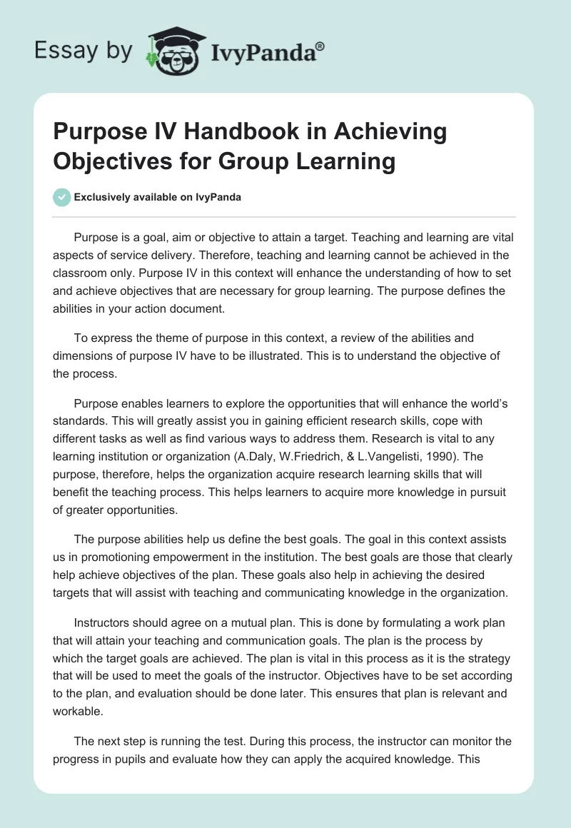 "Purpose IV Handbook" in Achieving Objectives for Group Learning. Page 1