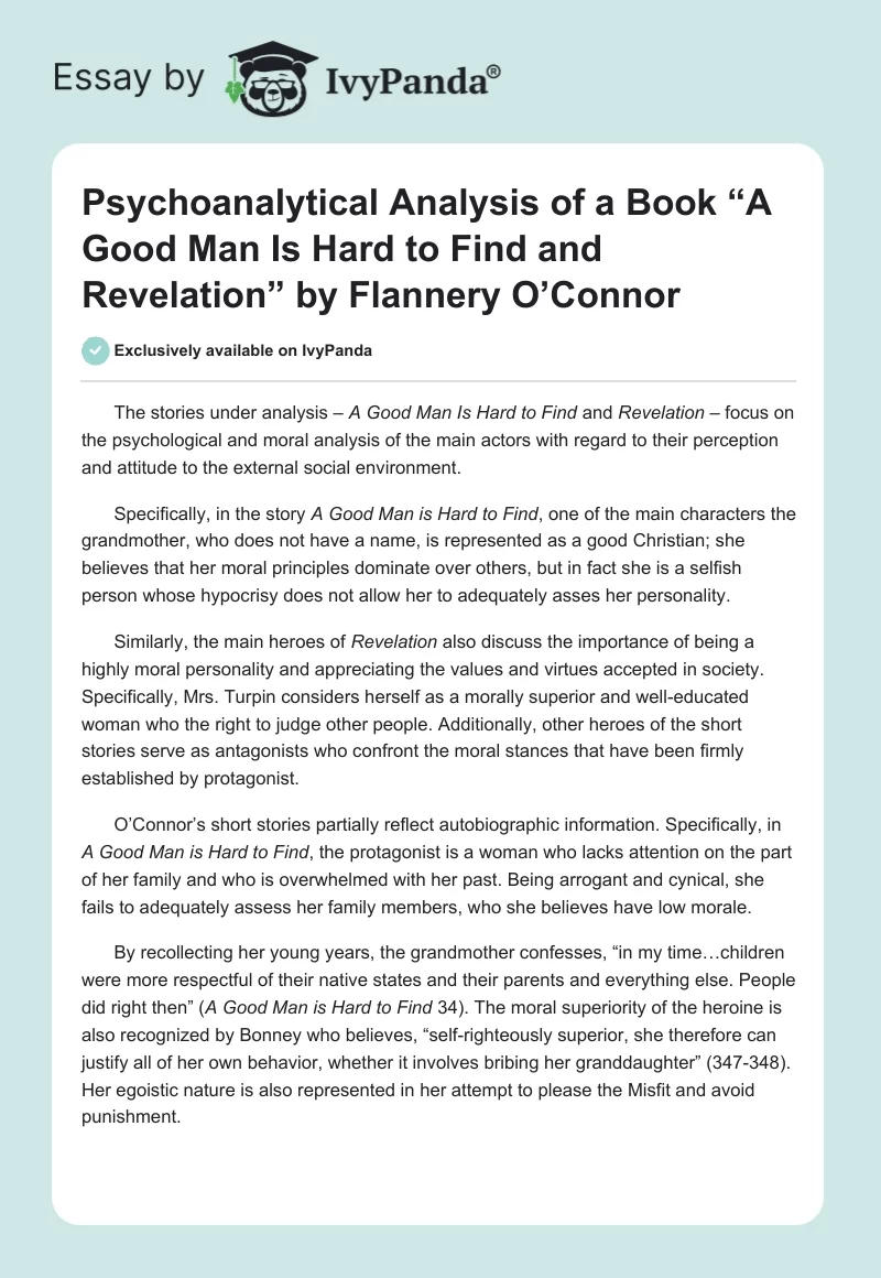 Psychoanalytical Analysis of a Book “A Good Man Is Hard to Find and Revelation” by Flannery O’Connor. Page 1