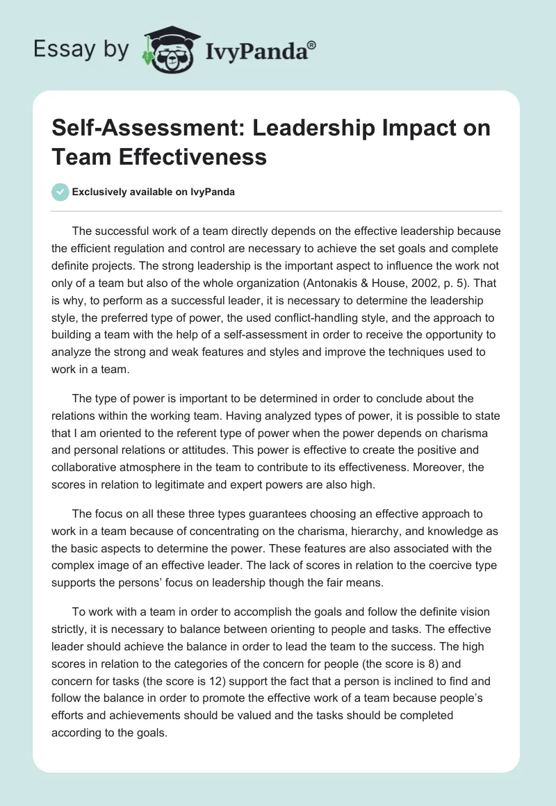 Self-Assessment: Leadership Impact on Team Effectiveness. Page 1