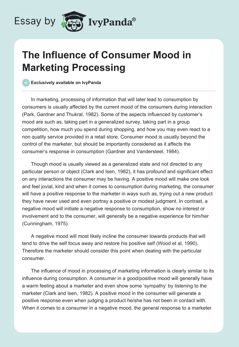 The Influence of Consumer Mood in Marketing Processing. Page 1