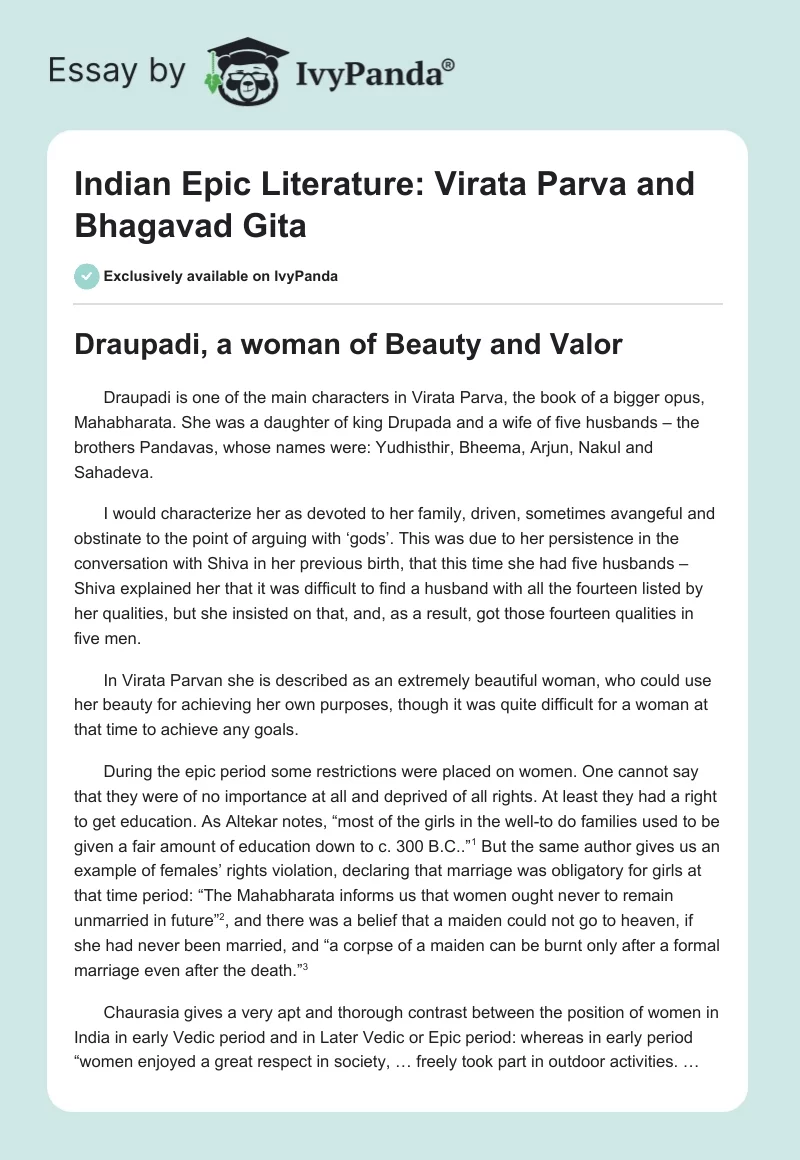 Indian Epic Literature: Virata Parva and Bhagavad Gita. Page 1