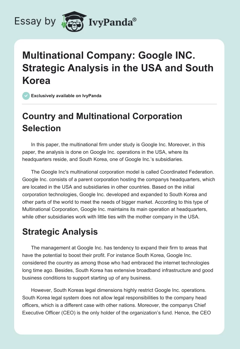 Multinational Company: Google INC. Strategic Analysis in the USA and South Korea. Page 1