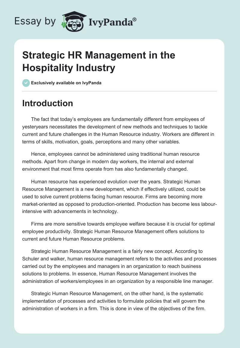 Strategic HR Management in the Hospitality Industry. Page 1