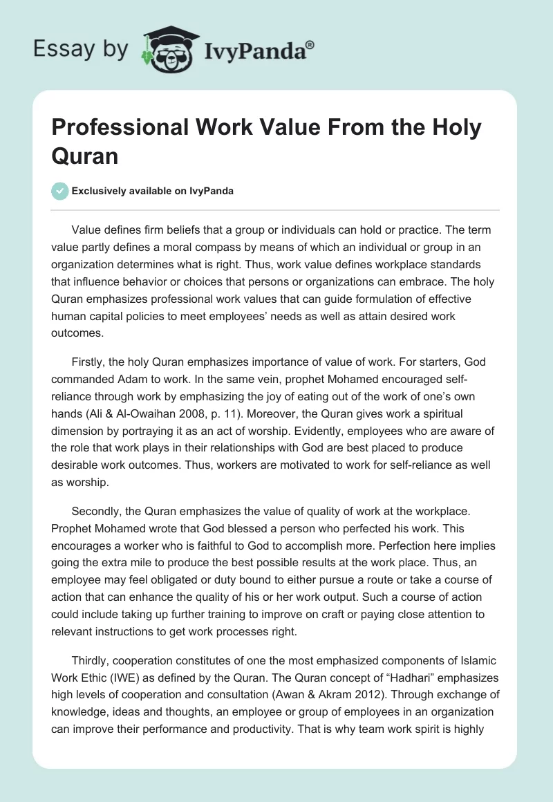 Professional Work Value From the Holy Quran. Page 1