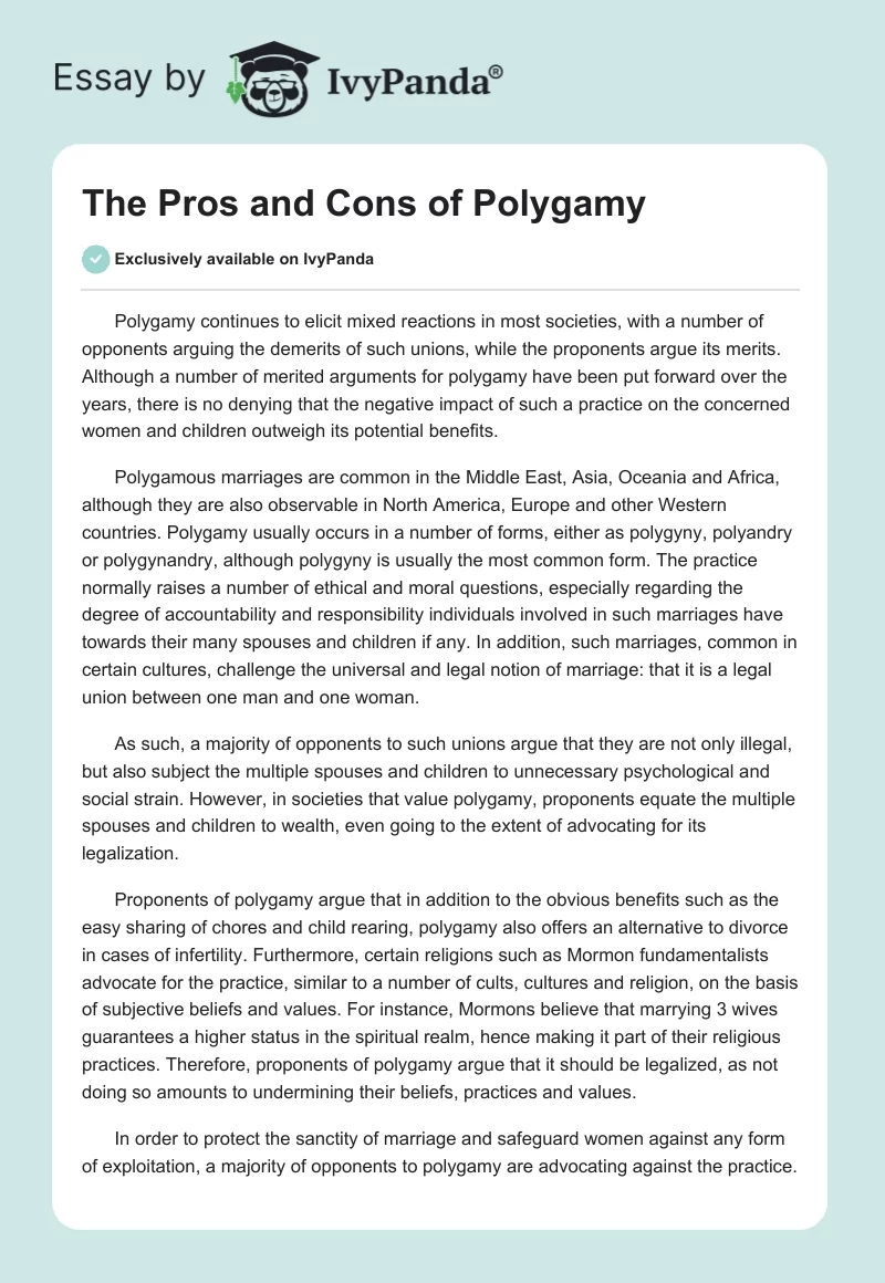 The Pros and Cons of Polygamy. Page 1