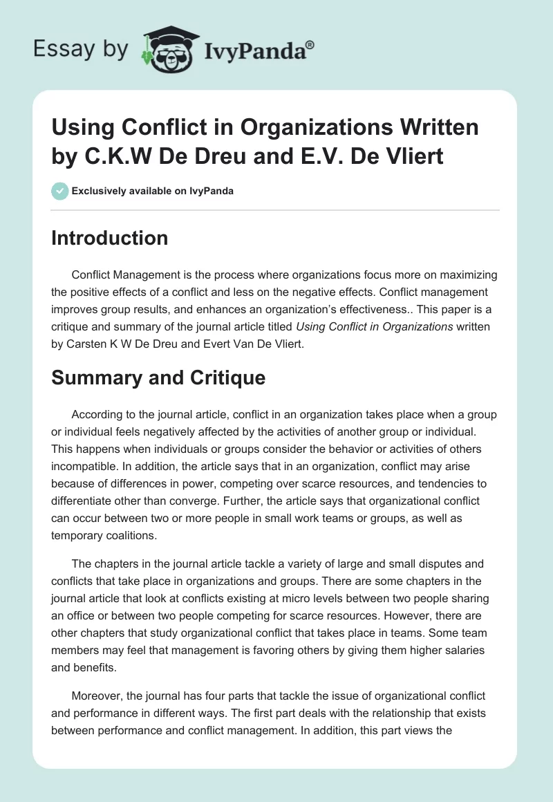 Using Conflict in Organizations Written by C.K.W De Dreu and E.V. De Vliert. Page 1