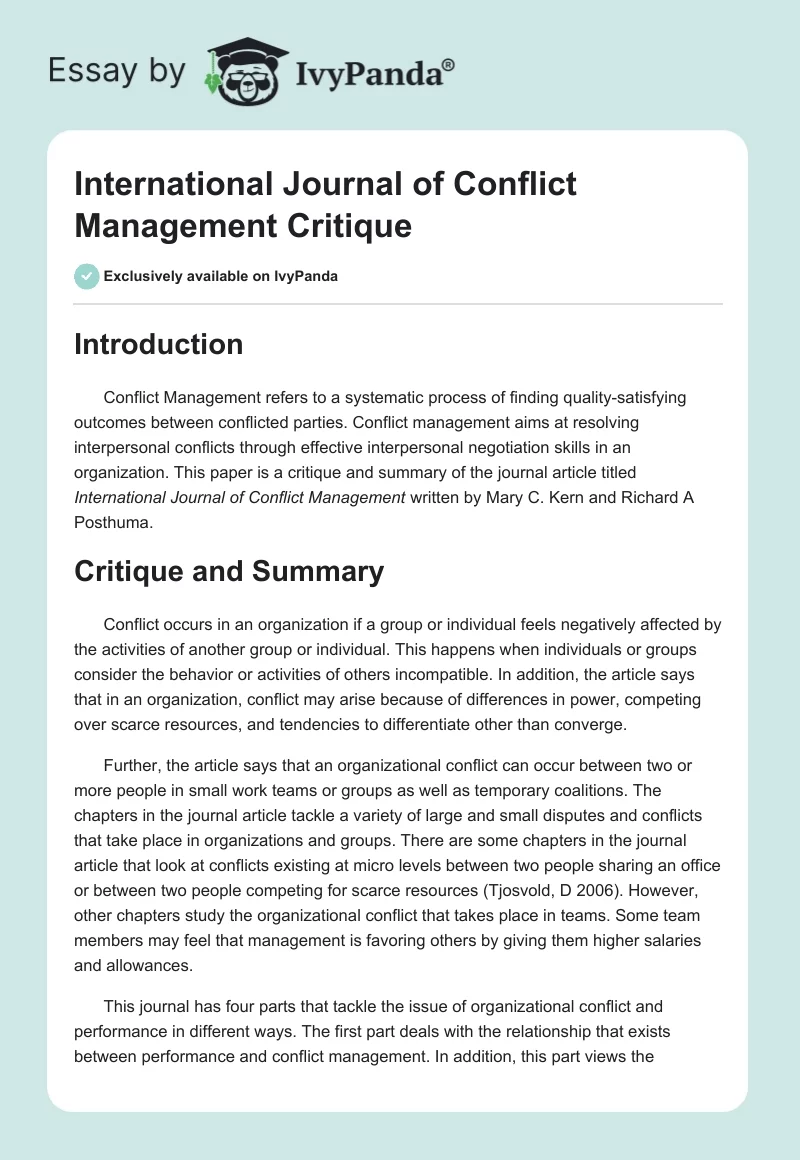 International Journal of Conflict Management Critique. Page 1
