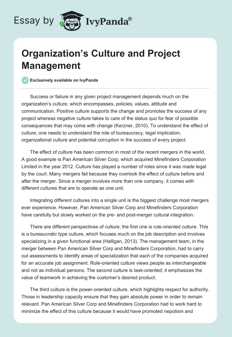 Organization’s Culture and Project Management. Page 1