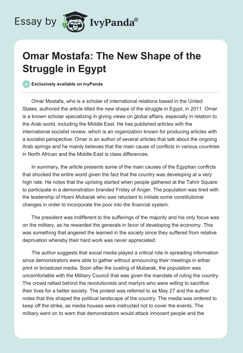 Omar Mostafa: The New Shape of the Struggle in Egypt. Page 1