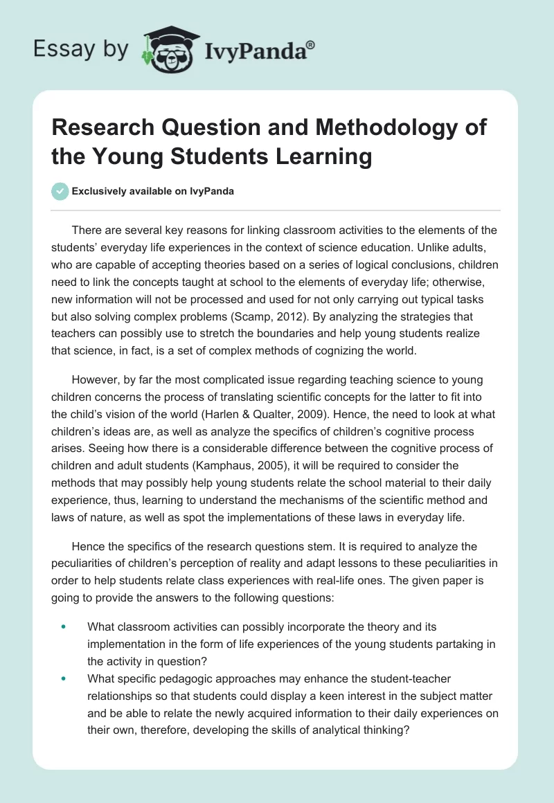 Research Question and Methodology of the Young Students Learning. Page 1
