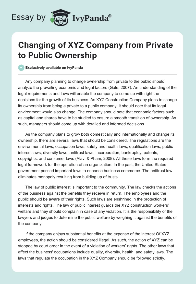Changing of XYZ Company from Private to Public Ownership. Page 1