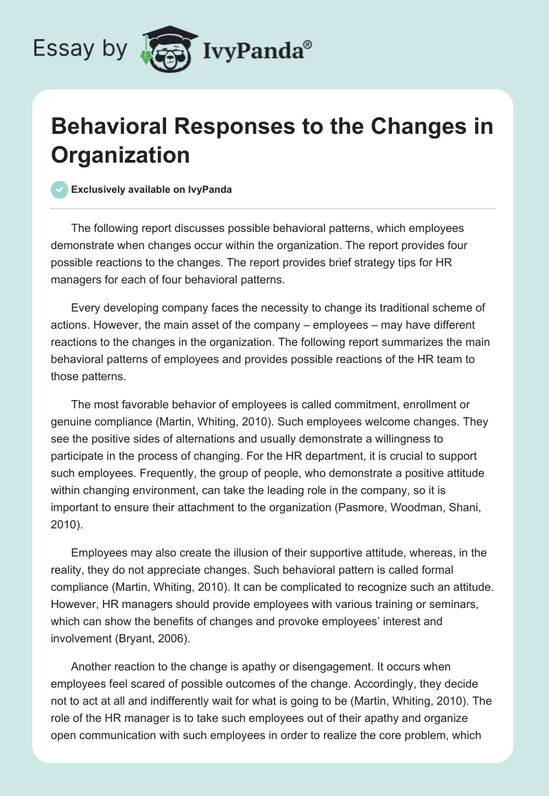 Behavioral Responses to the Changes in Organization. Page 1