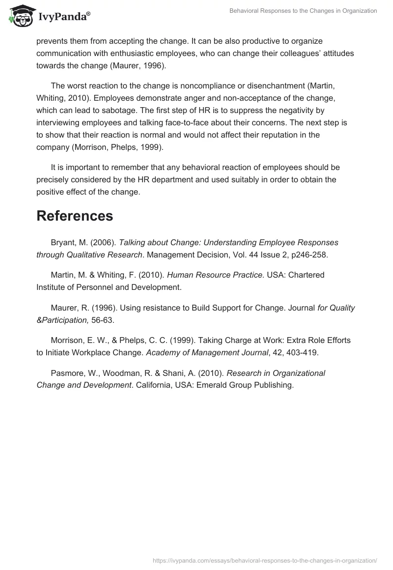 Behavioral Responses to the Changes in Organization. Page 2