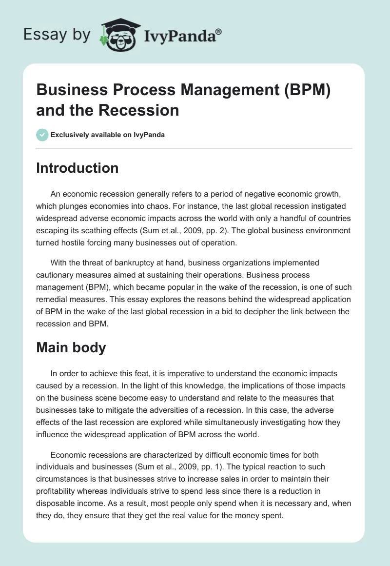 Business Process Management (BPM) and the Recession. Page 1