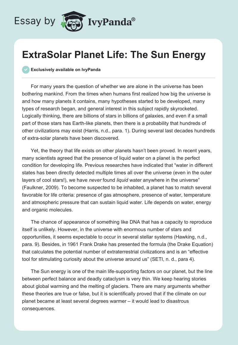 ExtraSolar Planet Life: The Sun Energy. Page 1