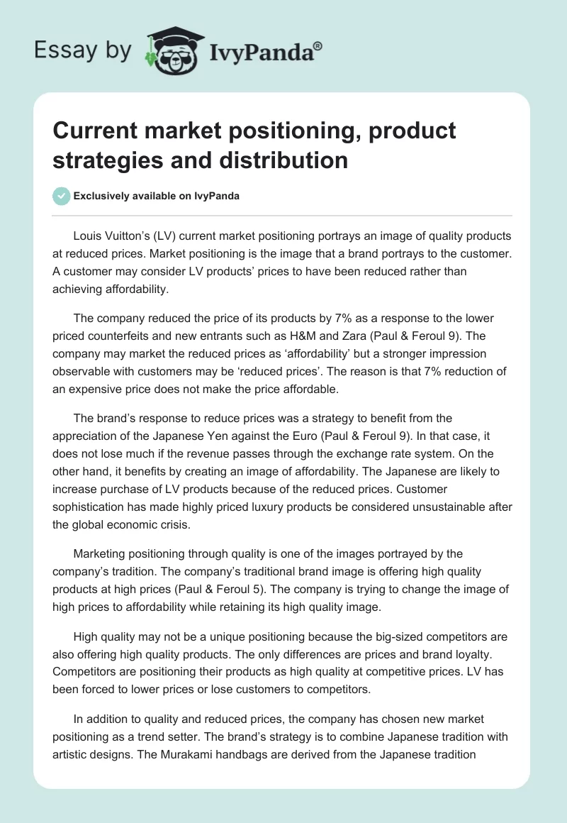 Current market positioning, product strategies and distribution. Page 1
