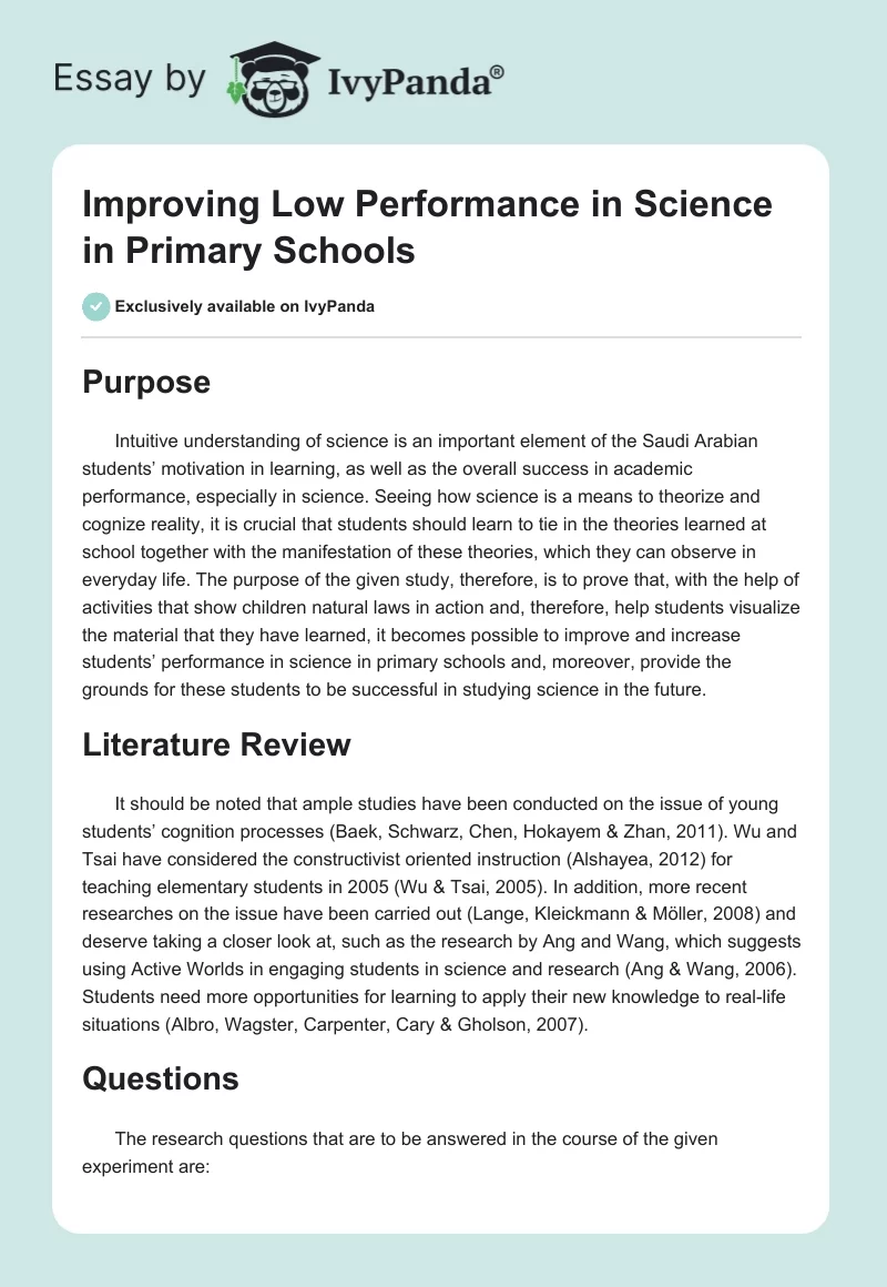 Improving Low Performance in Science in Primary Schools. Page 1