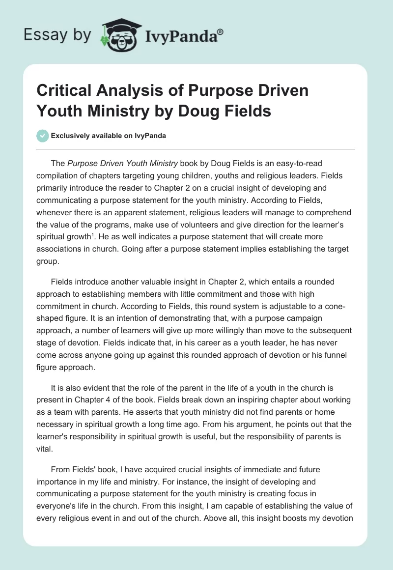 Critical Analysis of Purpose Driven Youth Ministry by Doug Fields. Page 1
