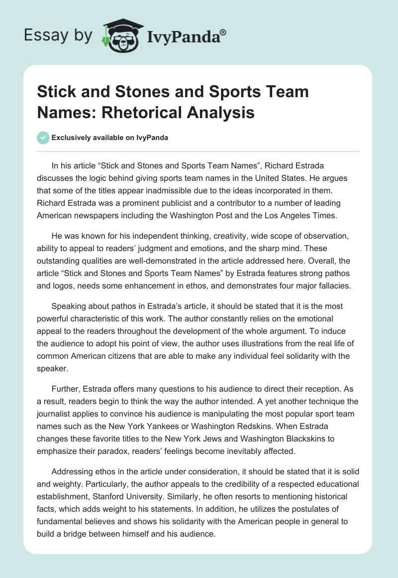 Stick and Stones and Sports Team Names: Rhetorical Analysis. Page 1