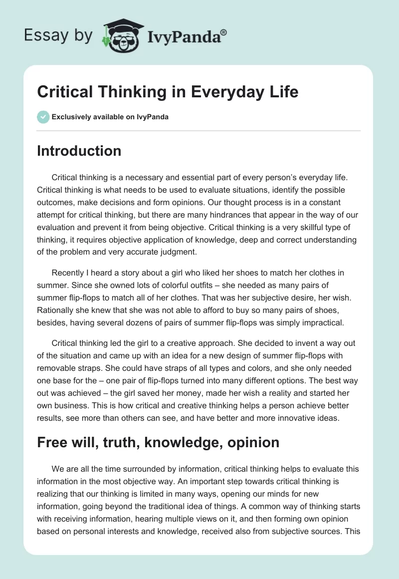 Critical Thinking in Everyday Life. Page 1