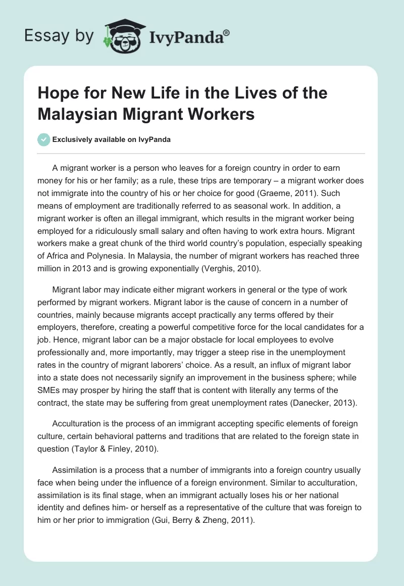 Hope for New Life in the Lives of the Malaysian Migrant Workers. Page 1